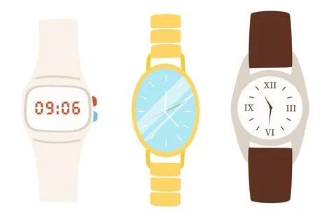 Set of three different watches. Electronic wrist watch, women's metal watch.. Stock Illustration