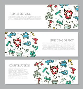 Set of three digital construction horizontal banners with icon pattern. Vector Illustrazione stock