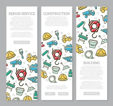 Set of three digital construction vertical banners with icon pattern. Vector Stock Illustration