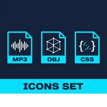 Set of three digital file format icons: MP3 audio waveform, OBJ 3D model wi.. Stock Illustration