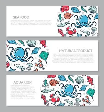 Set of three digital fish and seafood horizontal banners with icon pattern Stock Illustration