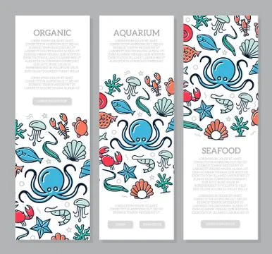 Set of three digital fish and seafood vertical banners with icon pattern. Vector Stock Illustration