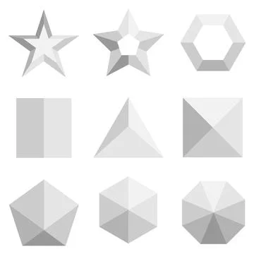 A set of three-dimensional geometric shapes in gray. Top view on geometric .. Stock Illustration