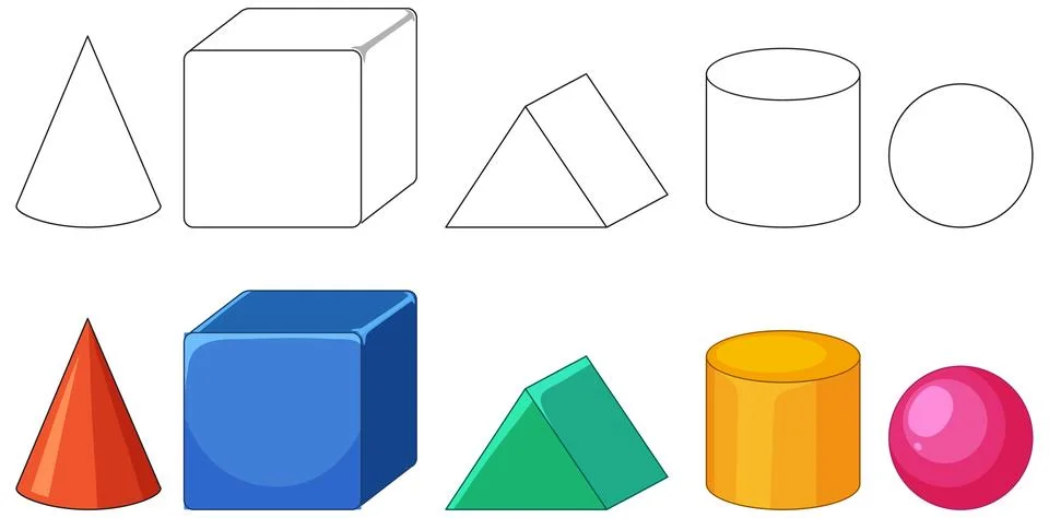 Set of Three Dimensional Geometric Shapes in Outline and Color Stock Illustration