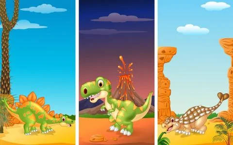 Set of three dinosaurs with prehistoric background Stock Illustration