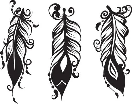 Set of three drawing of feathers Stock Illustration