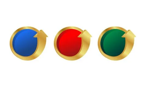 Set of Three Dynamic Circular Buttons in Vibrant Colors with Golden Borders.. 스톡 일러스트