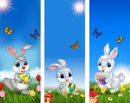 Set of three Easter background with rabbit and Easter egg Stock Illustration