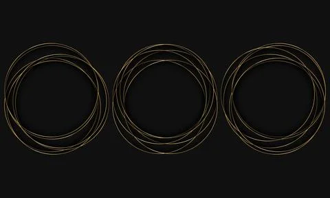 Set of three elegant gold circular frames with overlapping fine lines on black Stock Illustration