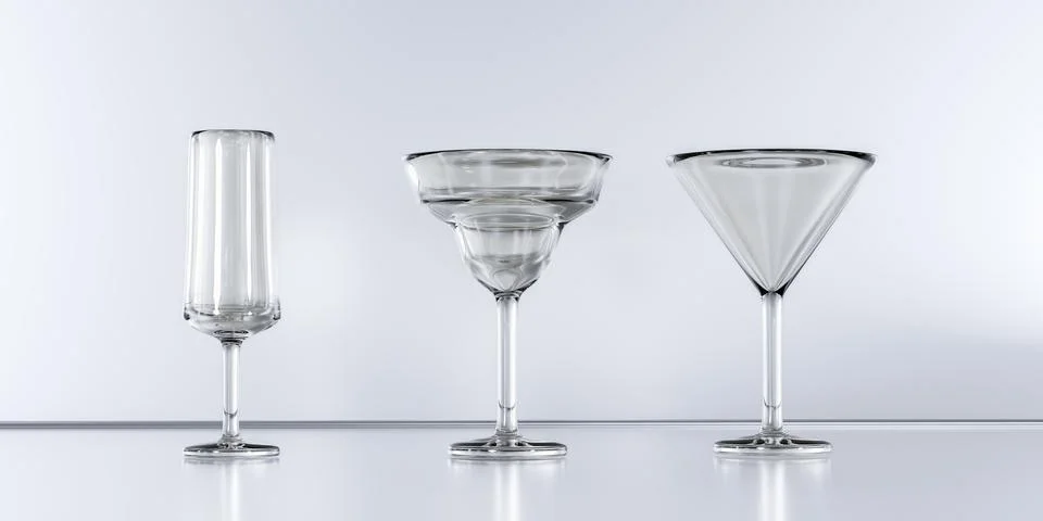 Set of three empty clear crystal glasses including margarita martini champagn 스톡 일러스트