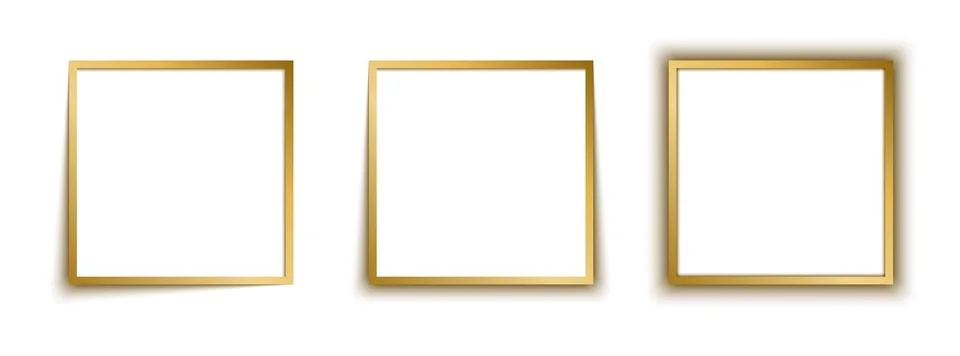 Set of three empty gold square photo frames with different shadow effects Illustrazione stock