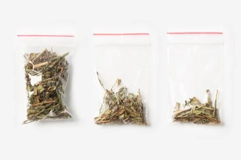 Set of three EMPTY, HALF AND FULL Plastic transparent zipper bag with blooming Stock Photos