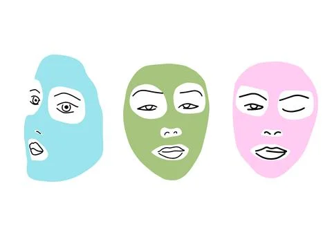 Set of three faces with clay face mask. Stock Illustration