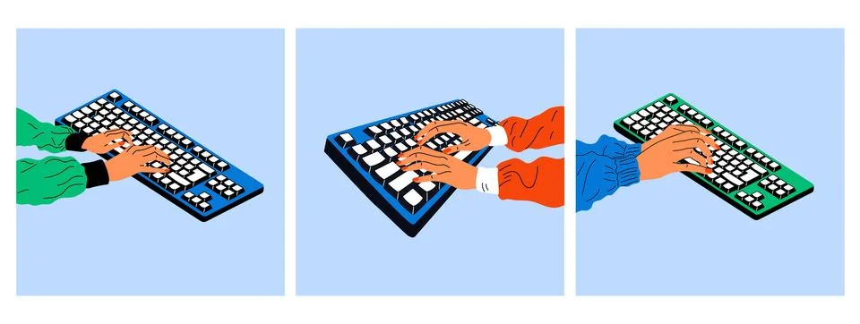 Set of three Female hands working on keyboard. Illustrazione stock