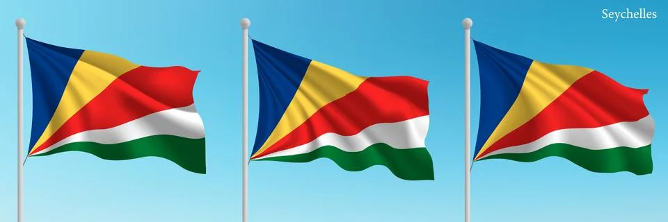 Set of three flags of Seychelles waving on flagpoles イラスト素材
