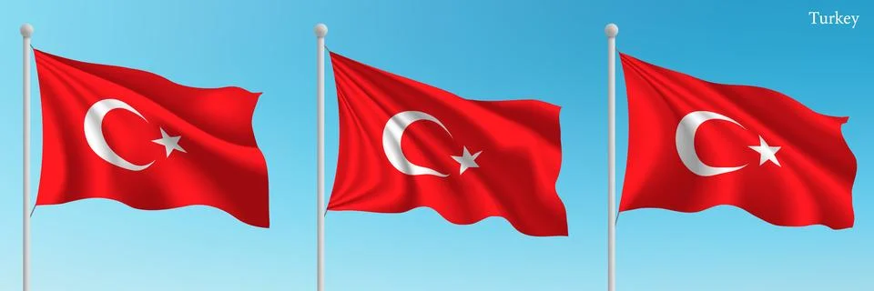 Set of Three Flags of Turkey Waving in Clear Blue Sky Stock-Illustration