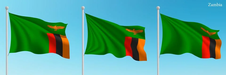 Set of three flags of Zambia waving on flagpoles Stock Illustration