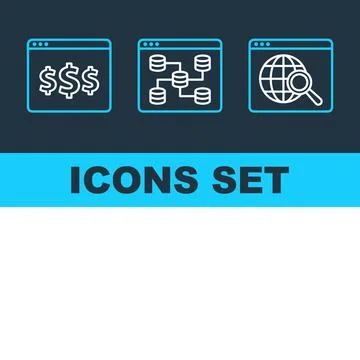 Set of three flat design icons representing finance, database, and global s.. Stock Illustration