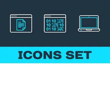 Set of three flat design icons representing document, binary code, and lapt.. Stock Illustration