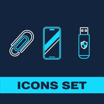 Set of three flat design icons: paperclip, smartphone with diagonal screen .. Stock Illustration
