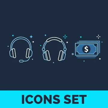 Set of three flat design icons: headphones with microphone, headphones, and.. Stock Illustration
