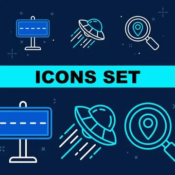 Set of three flat design icons: blank road sign, flying saucer UFO with exh.. Stock Illustration