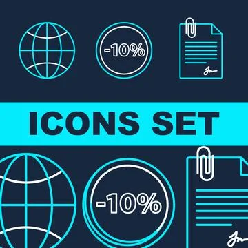 Set of three flat line icons: globe, 10 percent discount circle, and docume.. 스톡 일러스트