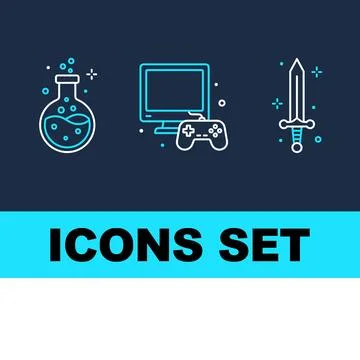 Set of three flat line icons: science flask with bubbles, computer monitor .. 스톡 일러스트