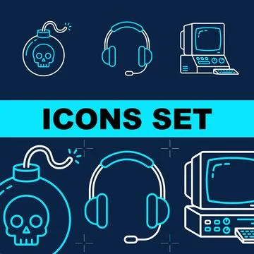 Set of three flat line icons: bomb with skull, gaming headphones with micro.. Stock Illustration