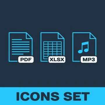 Set of three flat line icons representing PDF document, XLSX spreadsheet, a.. Stock Illustration