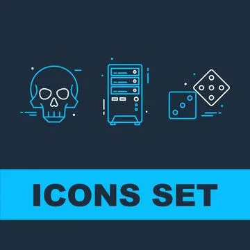Set of three flat line icons: skull, computer server rack, and dice, on a d.. Stock Illustration