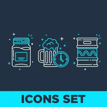 Set of three flat line icons representing a jar, a beer mug with clock, and.. Stock Illustration