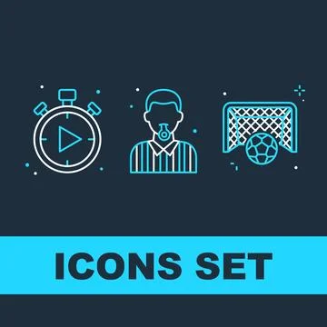 Set of three flat linear icons representing soccer game elements: stopwatch.. Stock Illustration