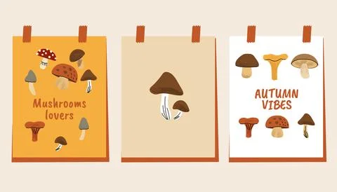 Set of three flat style posters featuring autumn mushrooms. Includes autumn Stock Illustration