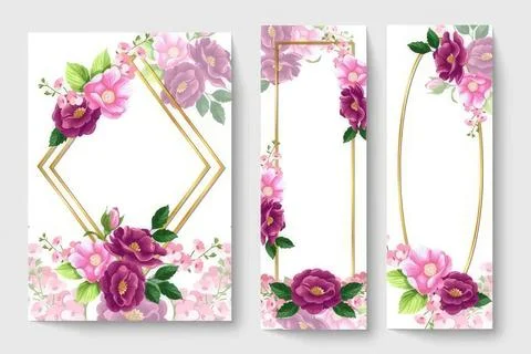 Set of three floral frames with pink purple flowers and green leaves Stock Illustration