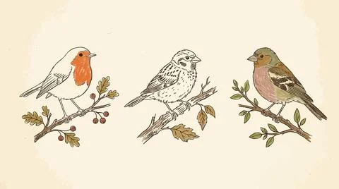 Set of three garden birds on oak and berry branches with soft colored details Stock Illustration