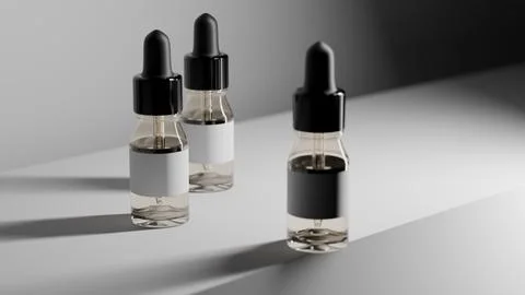 Set of three glass dropper bottles with black liquid 스톡 일러스트