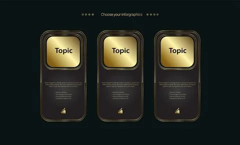 Set of three gloden vector buttons or symbol templates style, icon, charts, o Stock Illustration