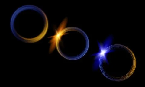 Set of three glowing neon rings with sparkling lens flare light effects on bl Stock Illustration