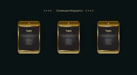 A set of three Golden iron web set button on black background design, new sty Stock Illustration