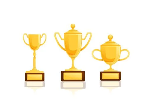 Set of three golden trophy cup with wooden base vector illustration on white Stock Illustration