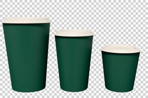 A set of three green disposable coffee cupson an isolated background. Illustrazione stock