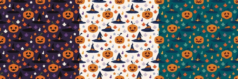 A Set of Three Halloween Seamless Pattern with Pumpkins Witch Hats Illustrazione stock