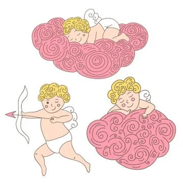 Set of three hand drawn sleeping angels on clouds. Colorful angels isolated.. Stock Illustration