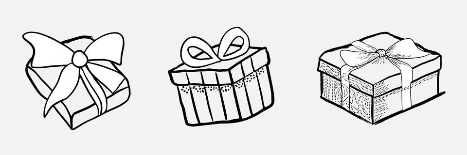 A set of three hand-drawn style gifts. For creating postcards, Stock Illustration
