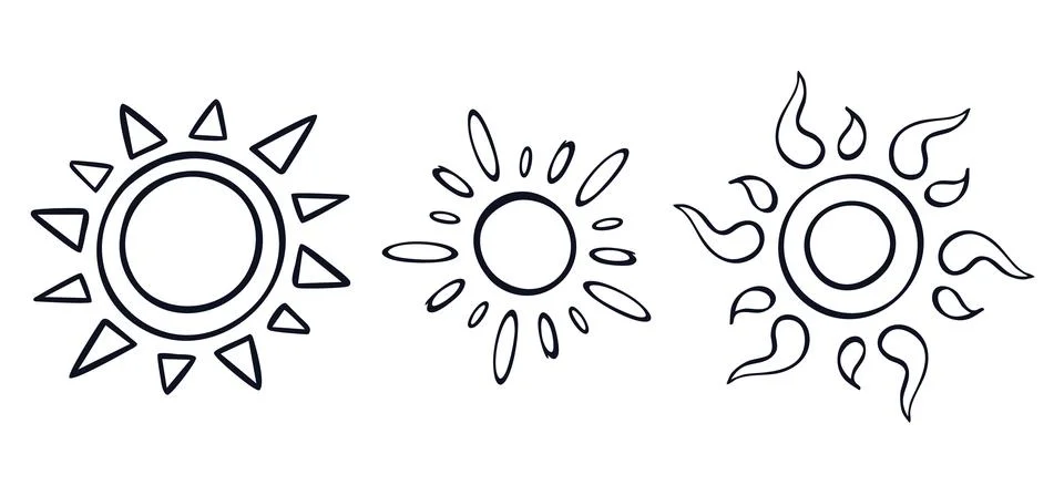 Set of three hand drawn sun icons in doodle style Stockillustratie