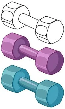 Set of Three Hexagonal Dumbbells in Outline and Color Vector Illustration Illustrazione stock