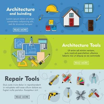 Set of three horizontal architecture building banners with colorful images Stock Illustration