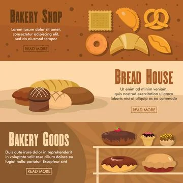 Set of three horizontal bakery shop banners with colorful images Stock Illustration