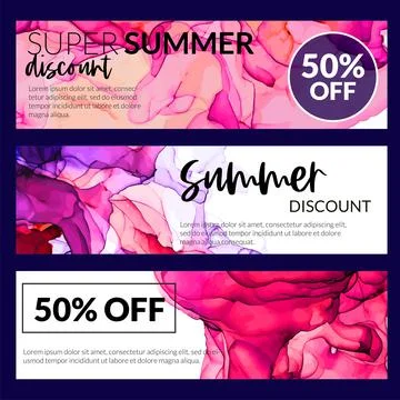 Set of three horizontal banners with alcohol ink texture Stock Illustration